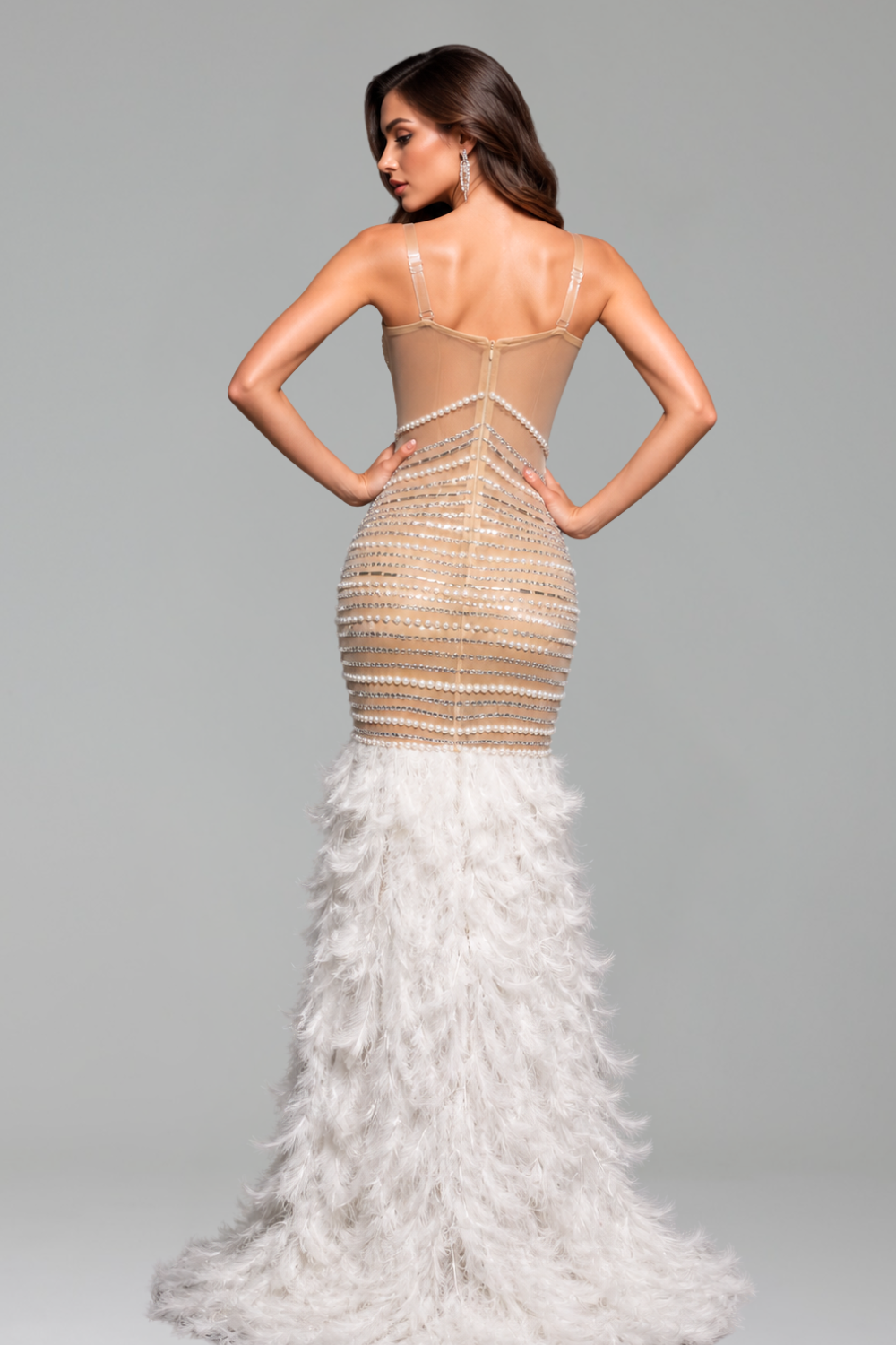 Beaded Corset Feather Mermaid Gown - LAROSABRIDE