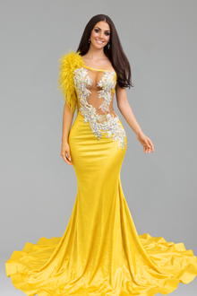 One Shoulder Feather Mermaid Gown - LAROSABRIDE