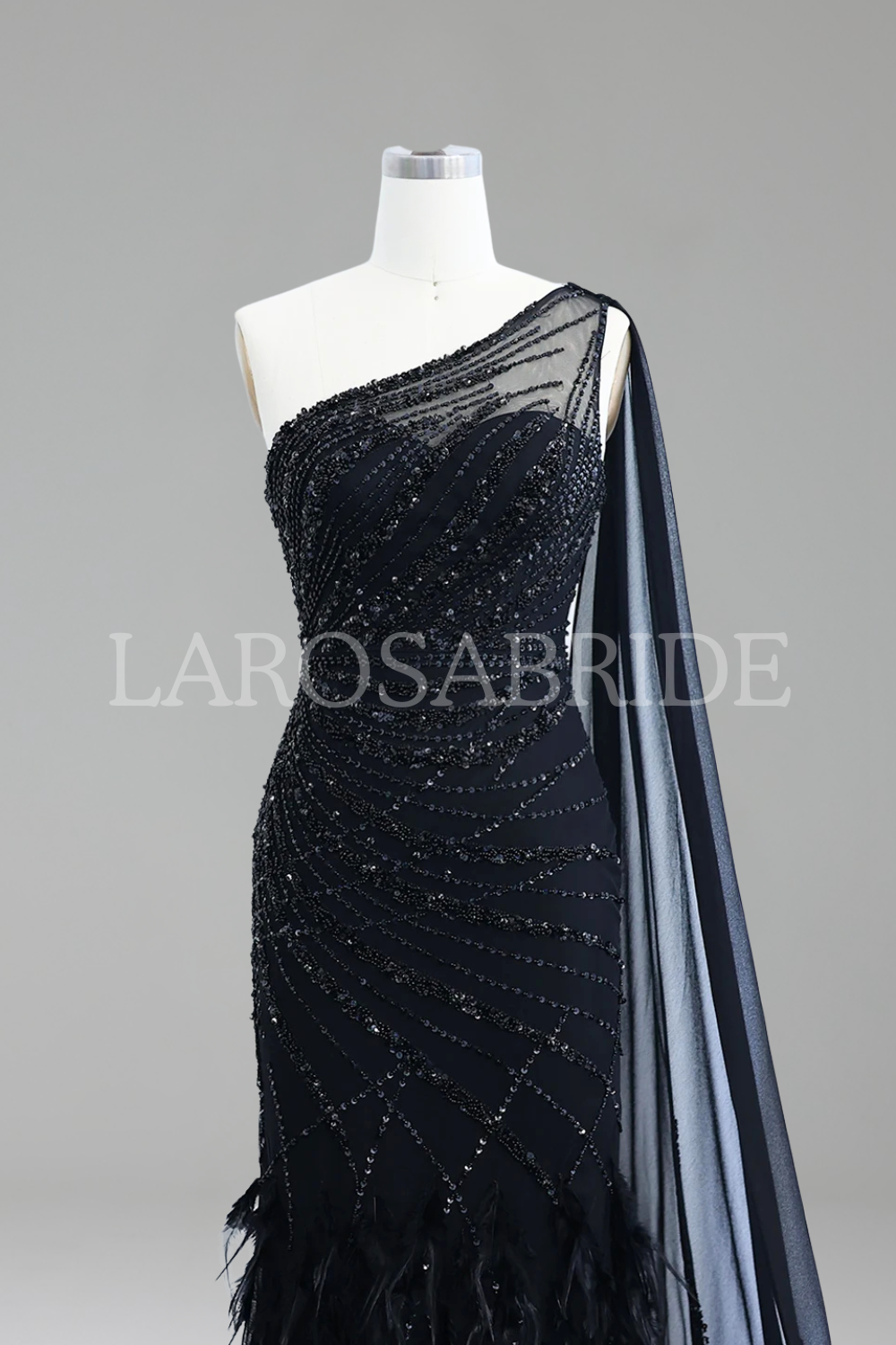 Feather One-Shoulder Mermaid Gown-Larosabride