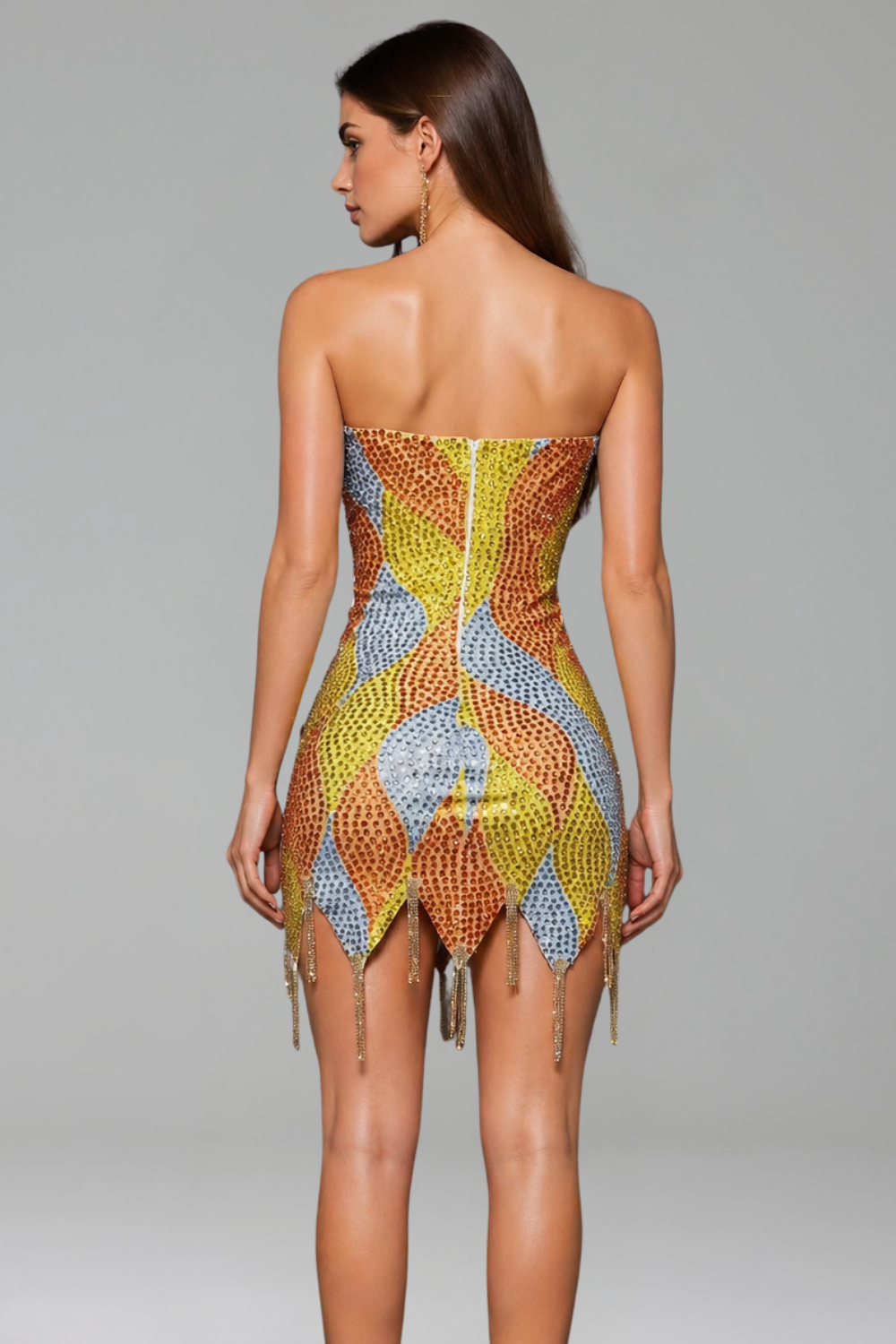 Crystal Pattern Strapless Fringe Mini Dress - LAROSABRIDE