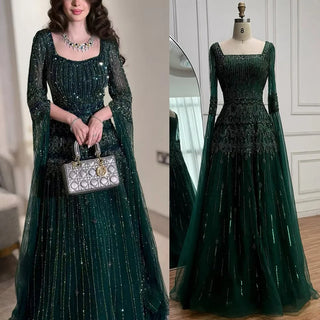 Ships in 2 to 5 Days - Customized Green Beaded A-Line Evening Dress with Cape – Formal Occasion Gown