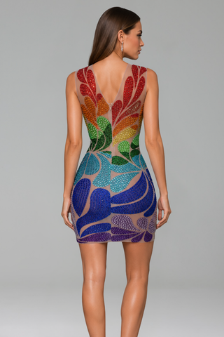 Rainbow Crystal Mosaic Mini Dress