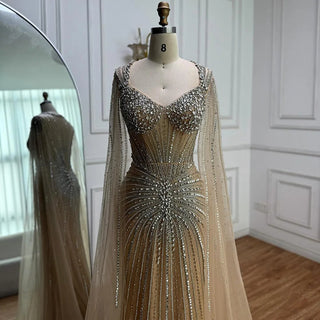 Ships in 2 to 5 Days - Luxury Nude Beaded Evening Dress – Saudi-Inspired Formal Gown with Cape Sleeves