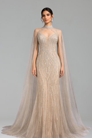 Beaded Mermaid Cape Sleeve Gown - LAROSABRIDE