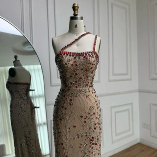One-Shoulder Ruby Embellished Gown