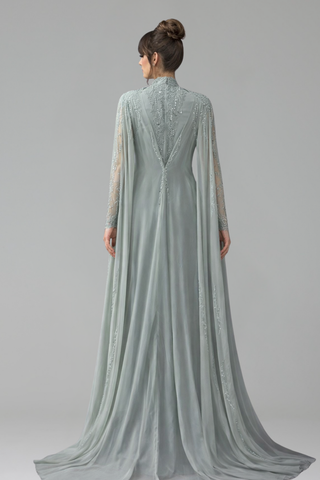 Beaded Satin Mermaid Cape Gown - LAROSABRIDE