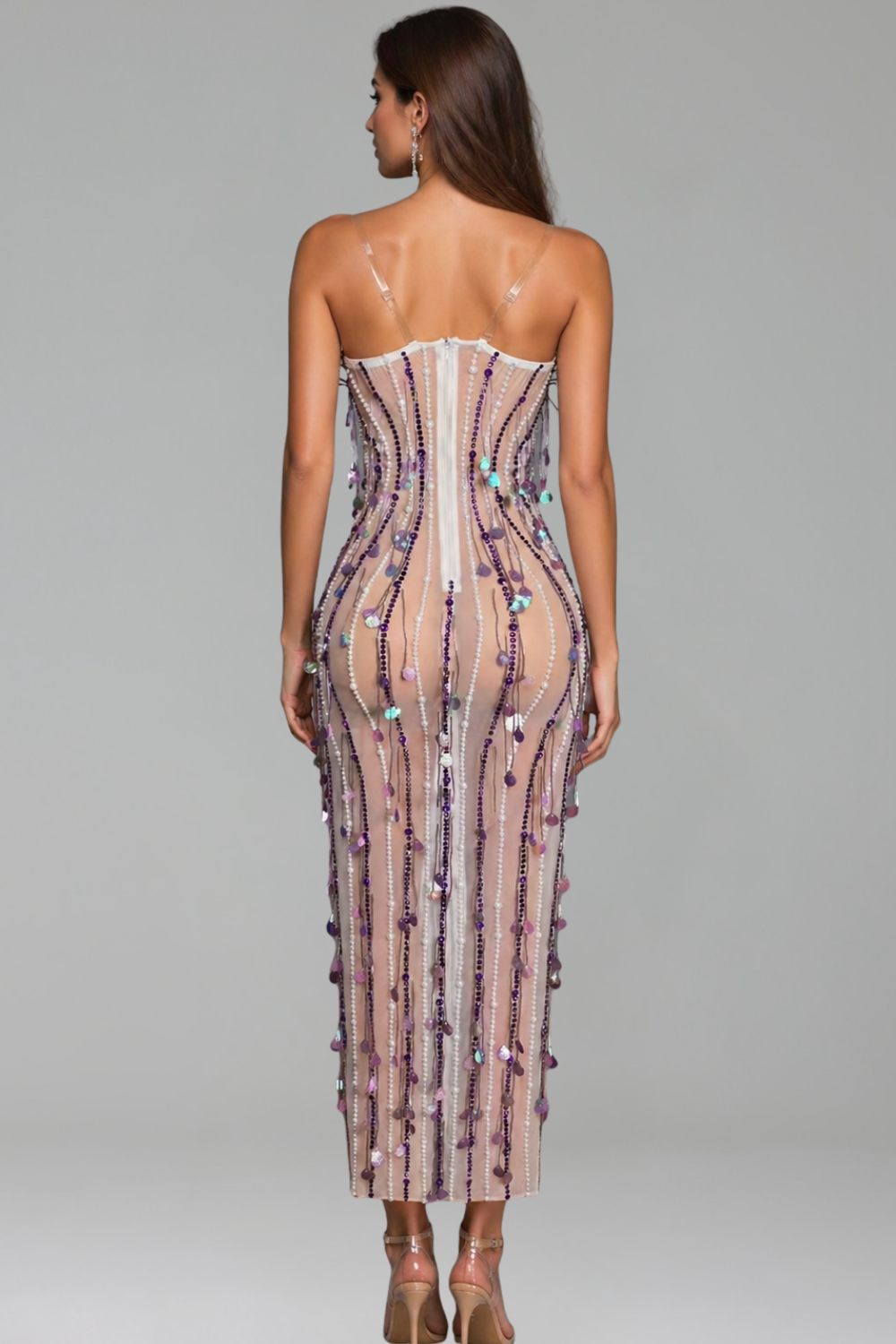 Feather Crystal Fringe Midi Dress - LAROSABRIDE