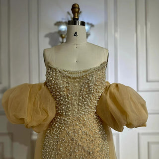 Ships in 2 to 5 Days - 2025 White Beaded Strapless Evening & Wedding Gown with Detachable Puffy Sleeves – Formal Party Dress