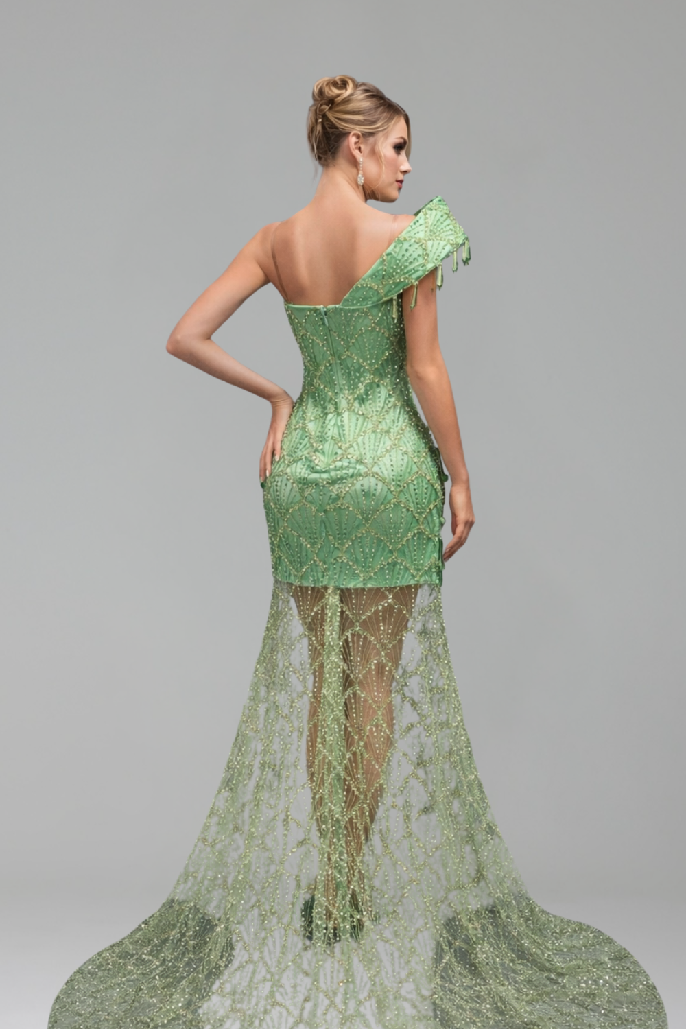 Asymmetric Beaded High Slit Gown - LAROSABRIDE