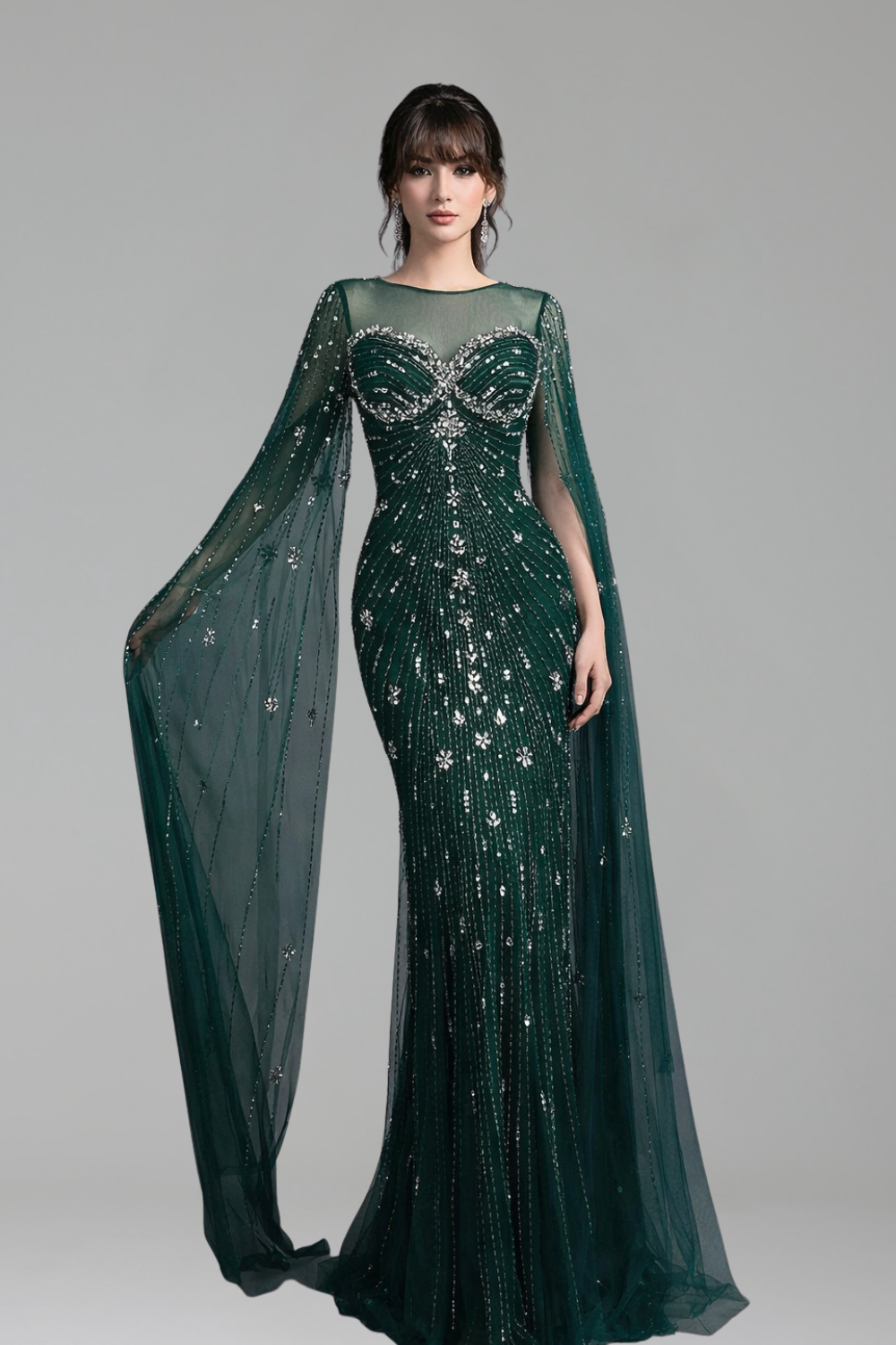 Beaded Mermaid Dress with Cape Sleeves - LAROSABRIDE
