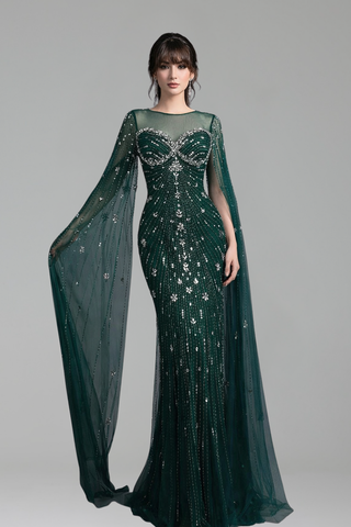 Beaded Mermaid Dress with Cape Sleeves - LAROSABRIDE