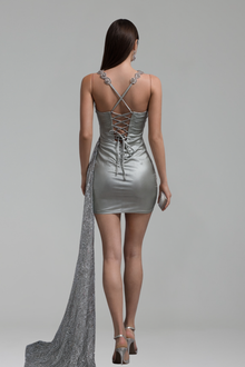 Crystal Mesh Cutout Mini Dress with Train - LAROSABRIDE