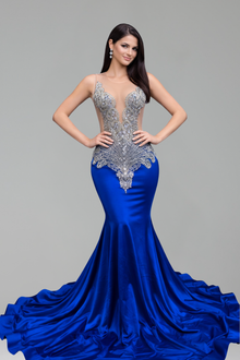 Beaded Bodice Satin Mermaid Gown - LAROSABRIDE
