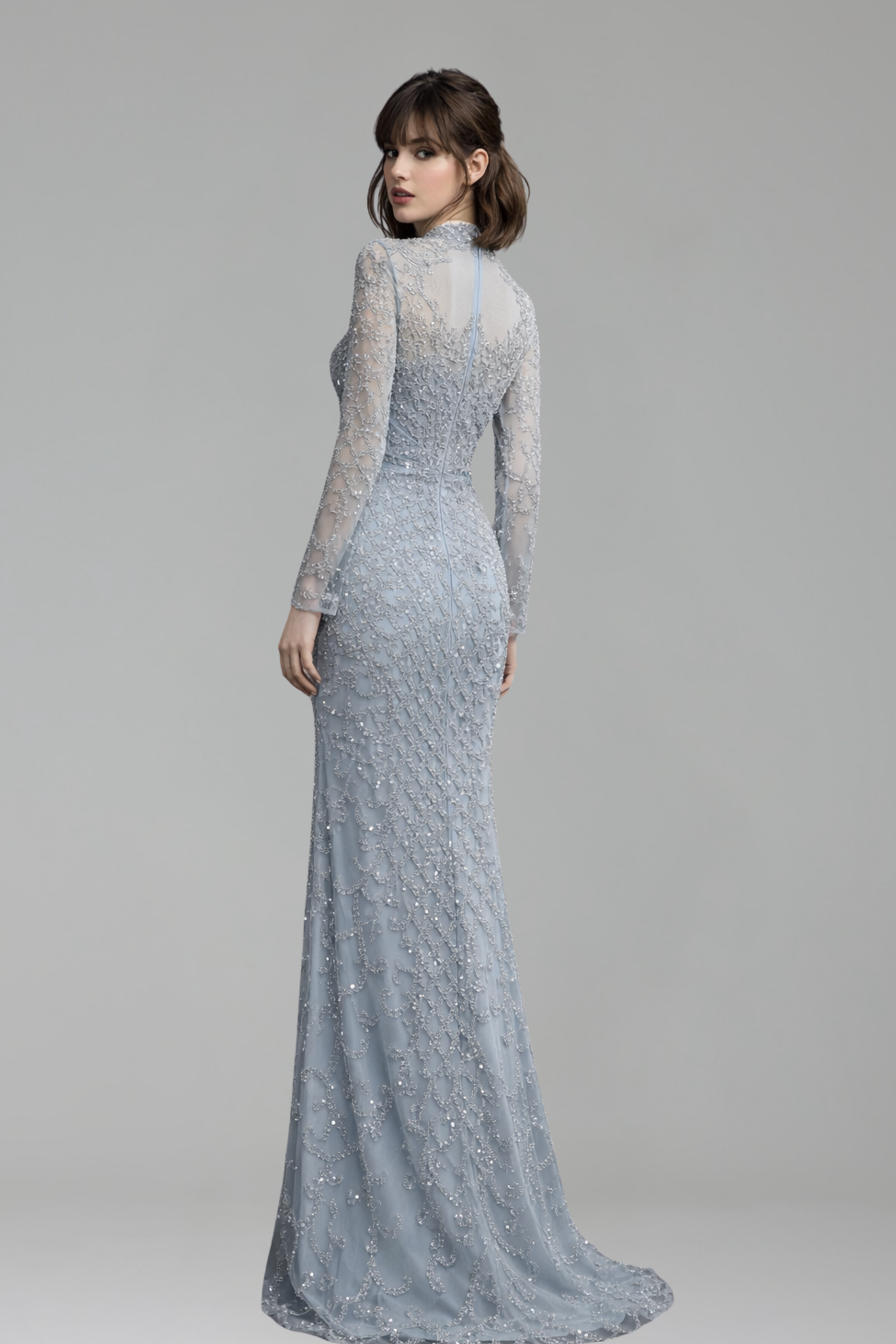 Caramel Beaded Mermaid Gown with High Neck - LAROSABRIDE