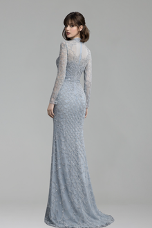 Caramel Beaded Mermaid Gown with High Neck - LAROSABRIDE