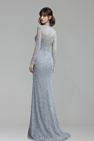 Caramel Beaded Mermaid Gown with High Neck
