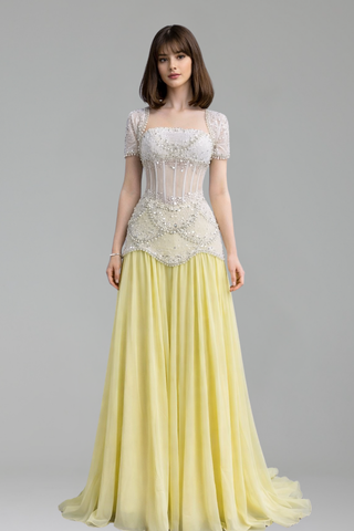 Yellow Pearls A-Line Evening Dress