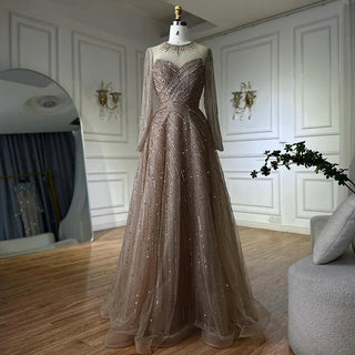Ships in 2 to 5 Days -2025 Custom Saudi-Inspired Caramel Beaded A-Line Evening Gown – Formal Dress with Sheer Top