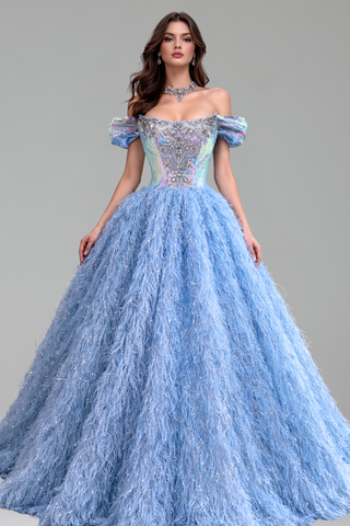 Feather Beaded Ball Gown
