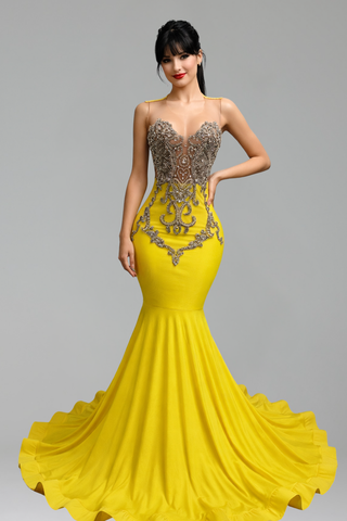 Embellished Sheer Corset Mermaid Gown - LAROSABRIDE