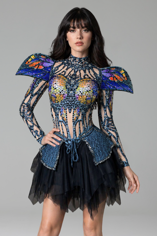 Embellished Armor Shoulder Tulle Mini Dress - LAROSABRIDE