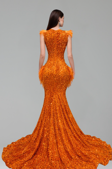 Feather Trim Illusion Sequin Mermaid Gown - LAROSABRIDE