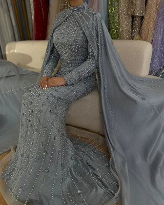 Ships in 2 to 5 Days - 2025 Luxury Dubai Blue Muslim Mermaid Beaded Evening Gown with Cape Sleeves for Women's Party
