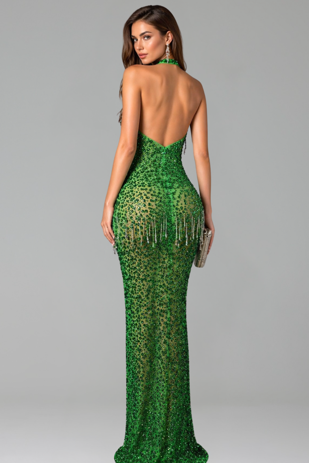 Halter Neck Beaded Fringe Slit Gown - LAROSABRIDE
