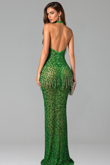 Halter Neck Beaded Fringe Slit Gown - LAROSABRIDE