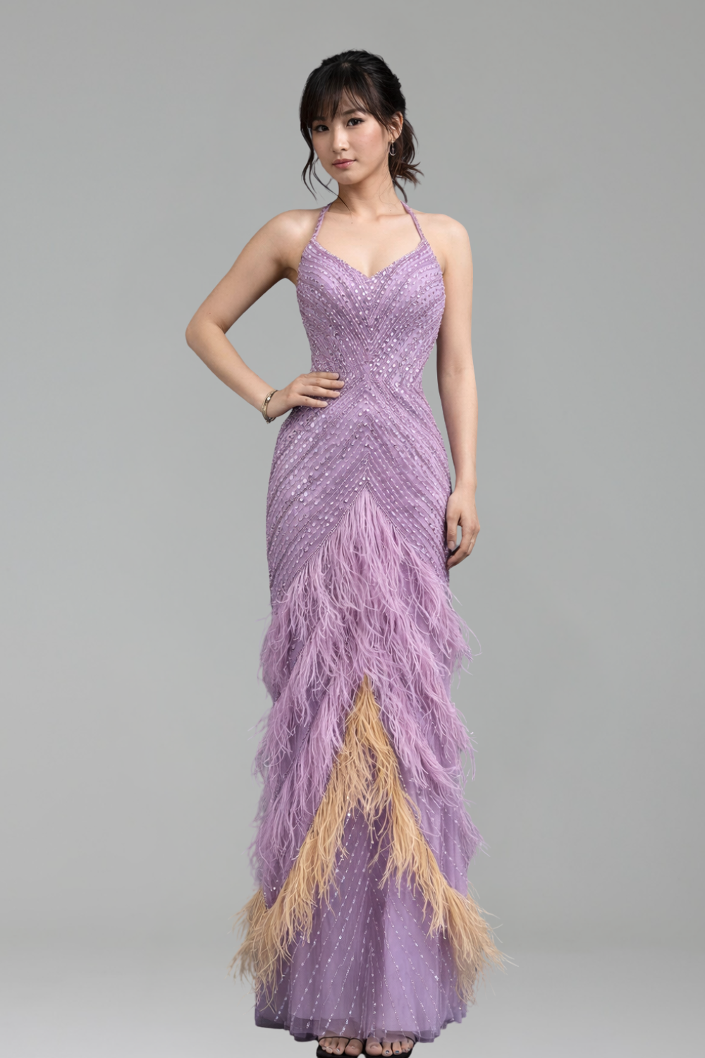 Halter Feather Beaded Mermaid Dress - LAROSABRIDE