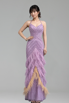 Halter Feather Beaded Mermaid Dress - LAROSABRIDE