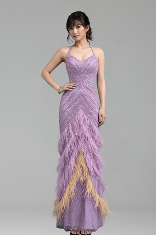 Halter Feather Beaded Mermaid Dress - LAROSABRIDE