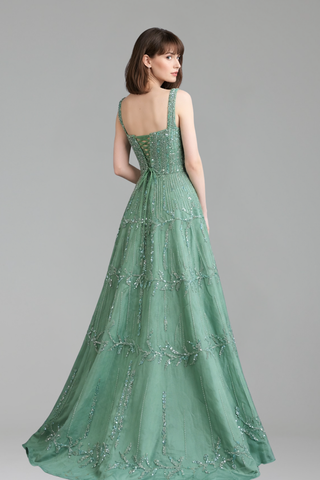 Beaded A-Line Square Neck Dress - LAROSABRIDE