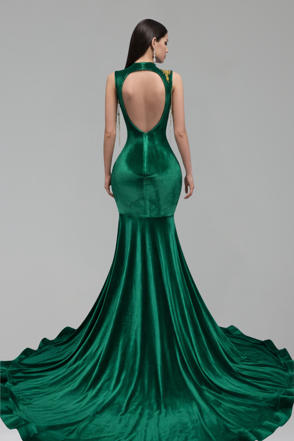 Embellished Deep V Cutout Mermaid Gown - LAROSABRIDE