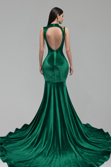 Embellished Deep V Cutout Mermaid Gown - LAROSABRIDE