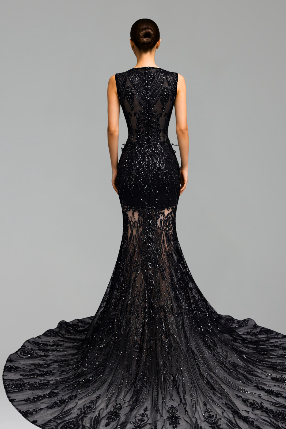 Sheer Beaded High Slit Evening Dress - LAROSABRIDE