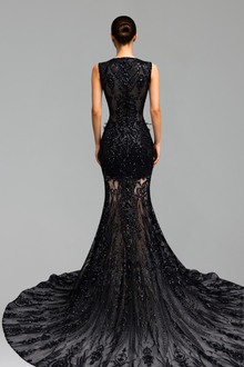 Sheer Beaded High Slit Evening Dress - LAROSABRIDE