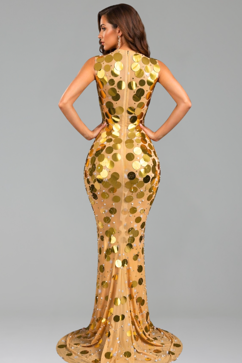 High Neck Sequin Disc Mermaid Gown - LAROSABRIDE