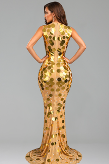 High Neck Sequin Disc Mermaid Gown - LAROSABRIDE