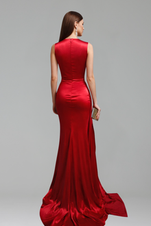 Sheer Appliqu� Satin Slit Gown - LAROSABRIDE