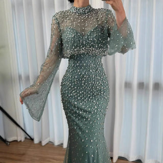 Turquoise Beaded Mermaid Evening Dress with Detachable High-Neck Overlay and Strapless Inner Gown