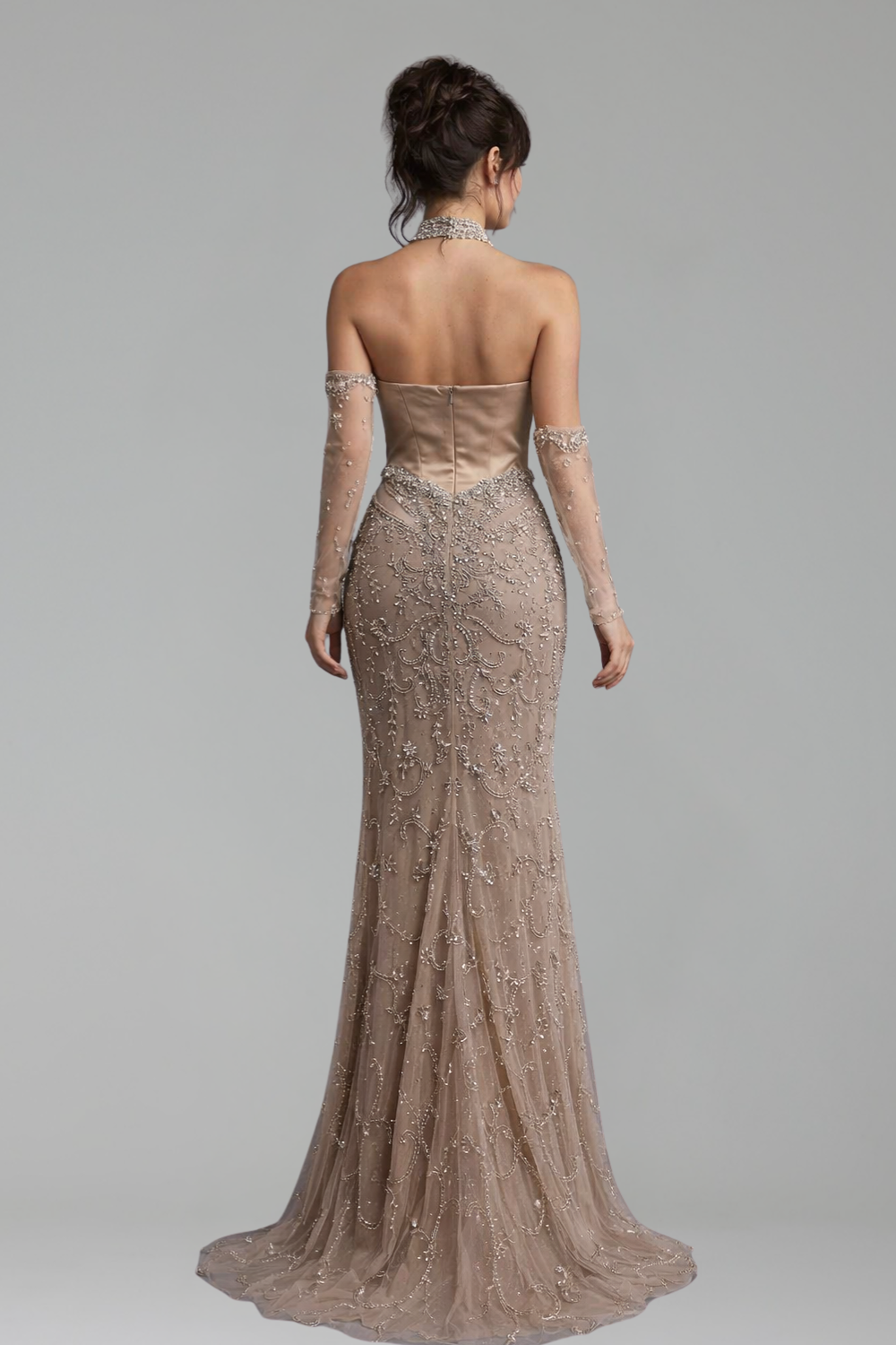 Beaded Sheer Gown with Gloves - LAROSABRIDE