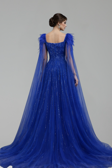 Feather Beaded Cape Dress - LAROSABRIDE