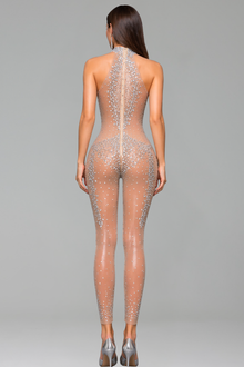 High Neck Crystal Embellished Illusion Jumpsuit - LAROSABRIDE
