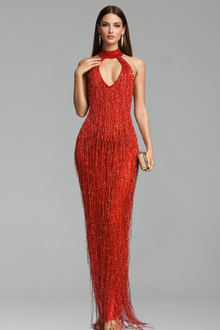 Fringe Halter Crystal Gown - LAROSABRIDE