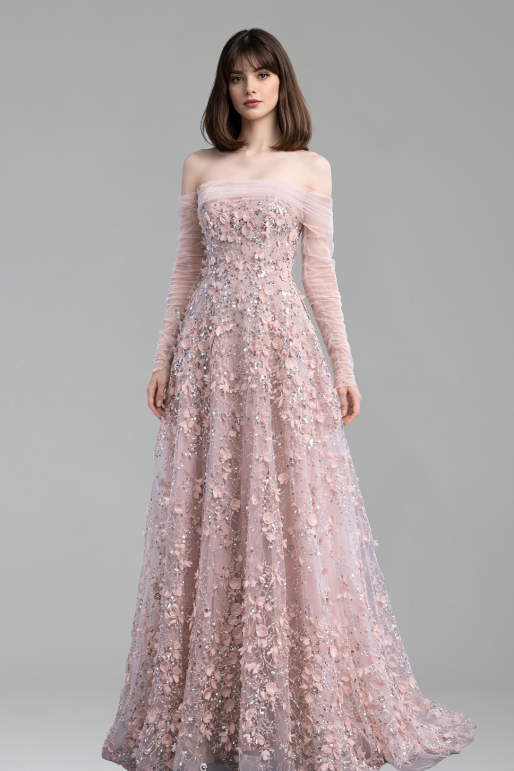 3D Flowers Evening Dress with Gloves - LAROSABRIDE