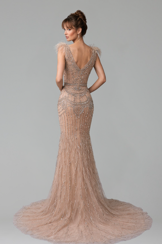 Split Mermaid Feathered Gown - LAROSABRIDE
