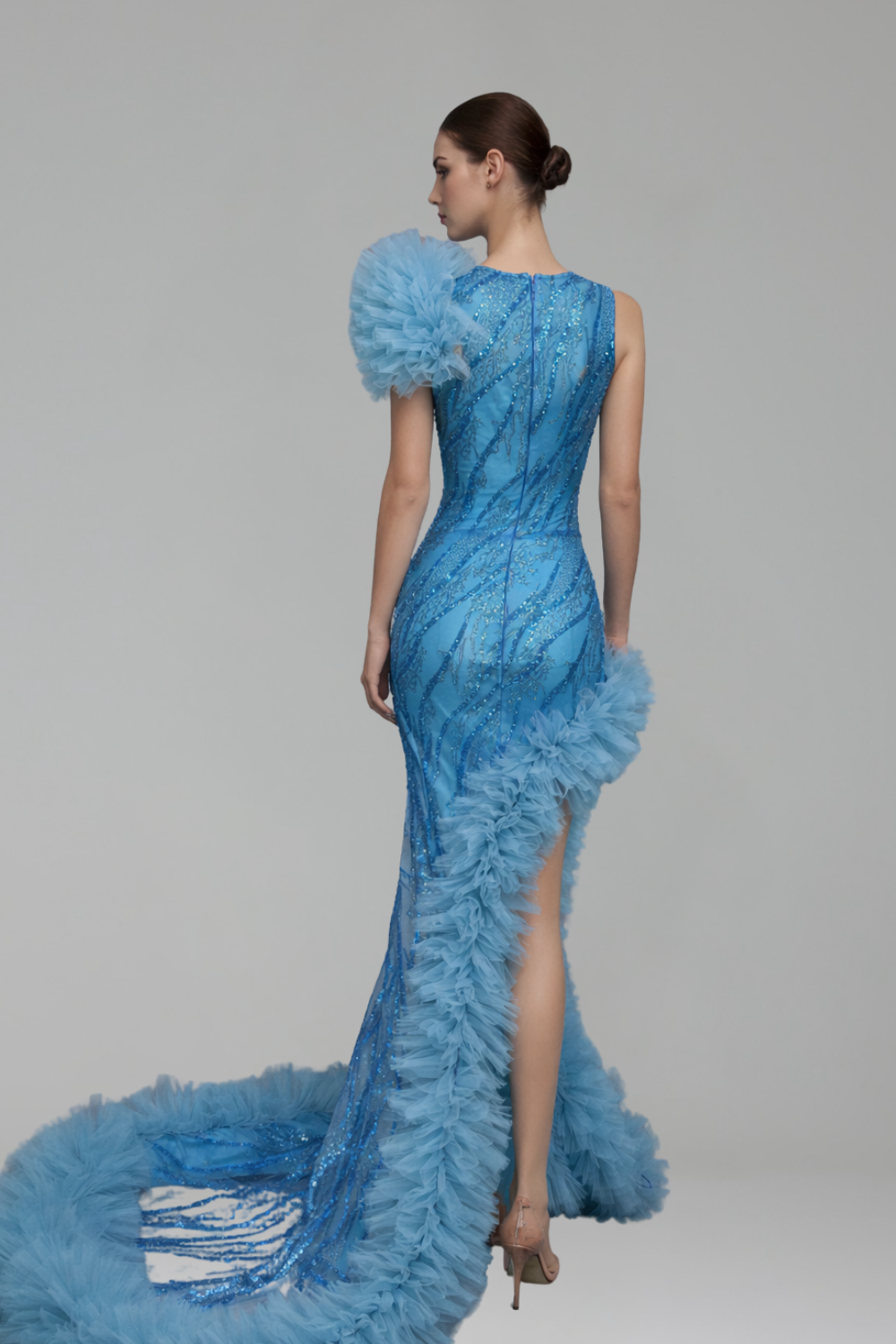 Feathered Beaded High Slit Gown - LAROSABRIDE