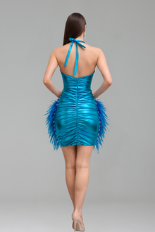 Embellished Halter Feather Mini Dress - LAROSABRIDE