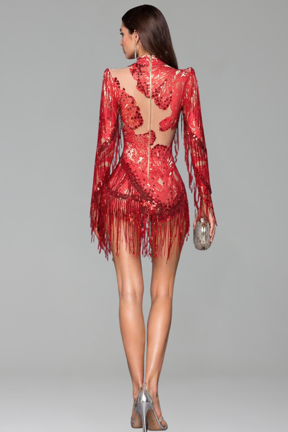 Fringed Embellished Sheer Cutout Mini Dress - LAROSABRIDE